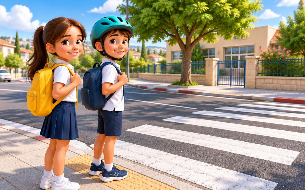 ילדים ממתינים בבטחה על המדרכה ליד מעבר חצייה ובית ספר